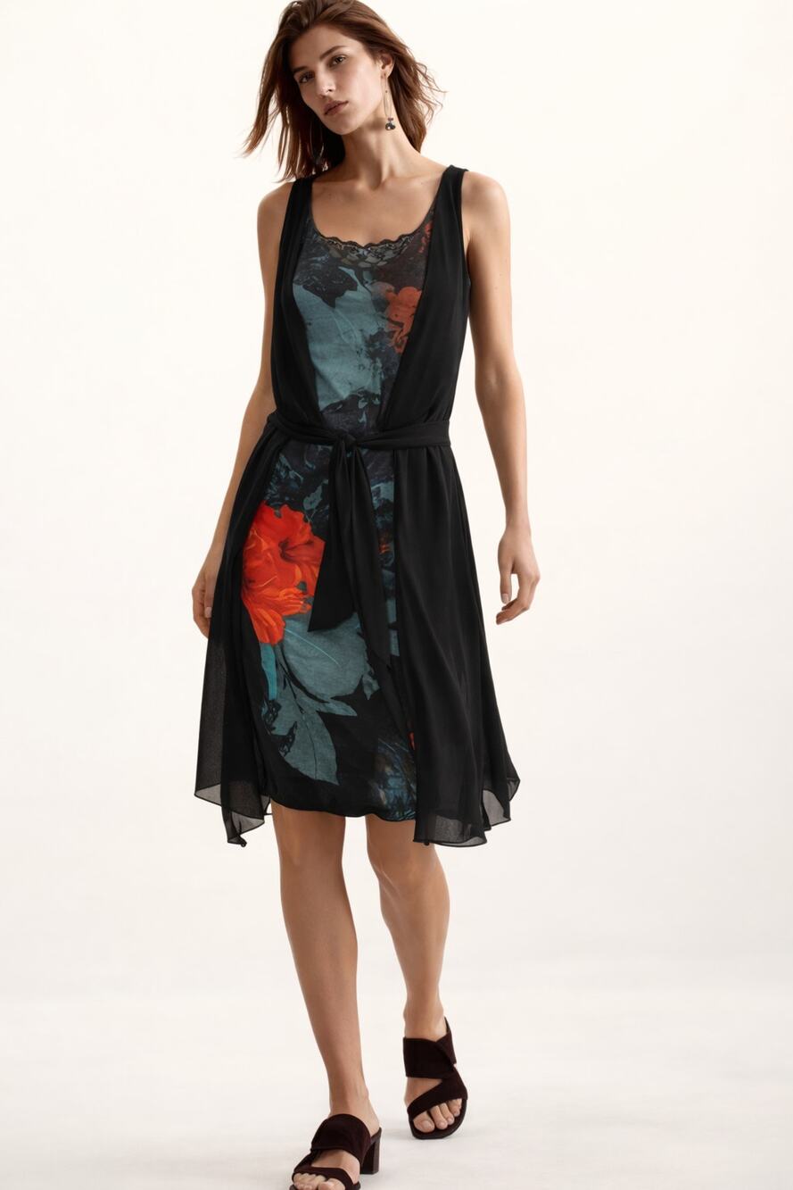 Desigual Layered Dress M Black Tropical Hibiscus Artsy Lace Tie Front Sleeveless